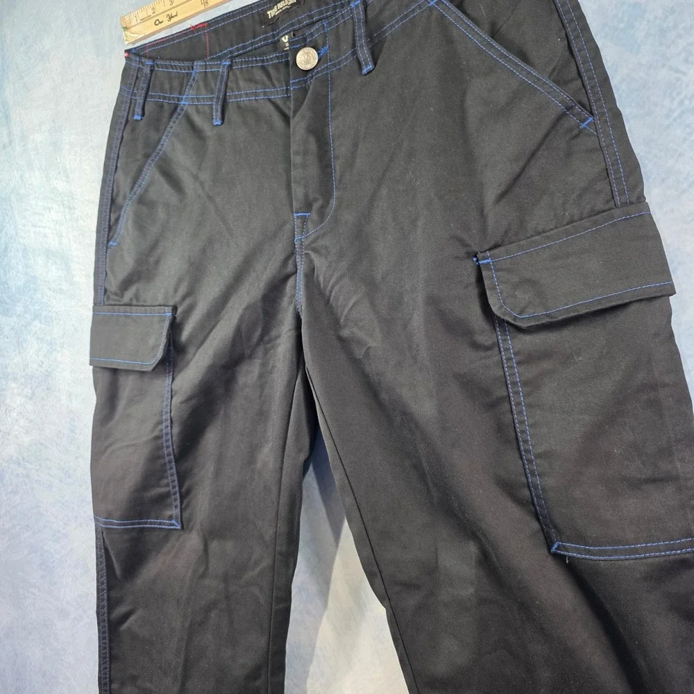 True Religion Mens Cargo Pants Jet Black‎ Pacific Blue Stitch 108335 Size 32 NWT